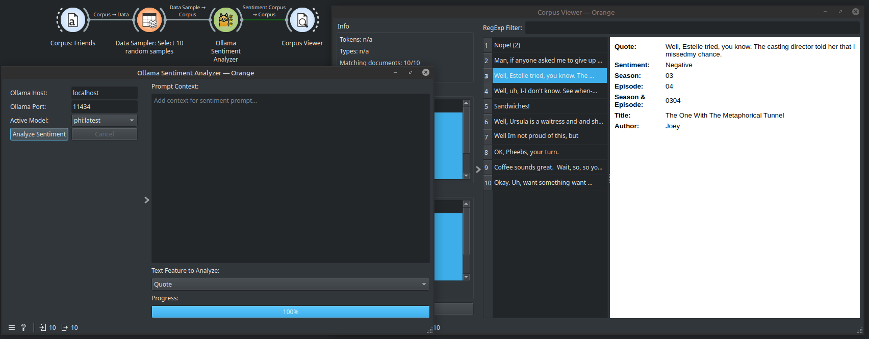 Example Orange3 workflow using the Ollama Sentiment Analysis widget to determine the sentiment of a line from the show Friends as positive, negative, or neutral.