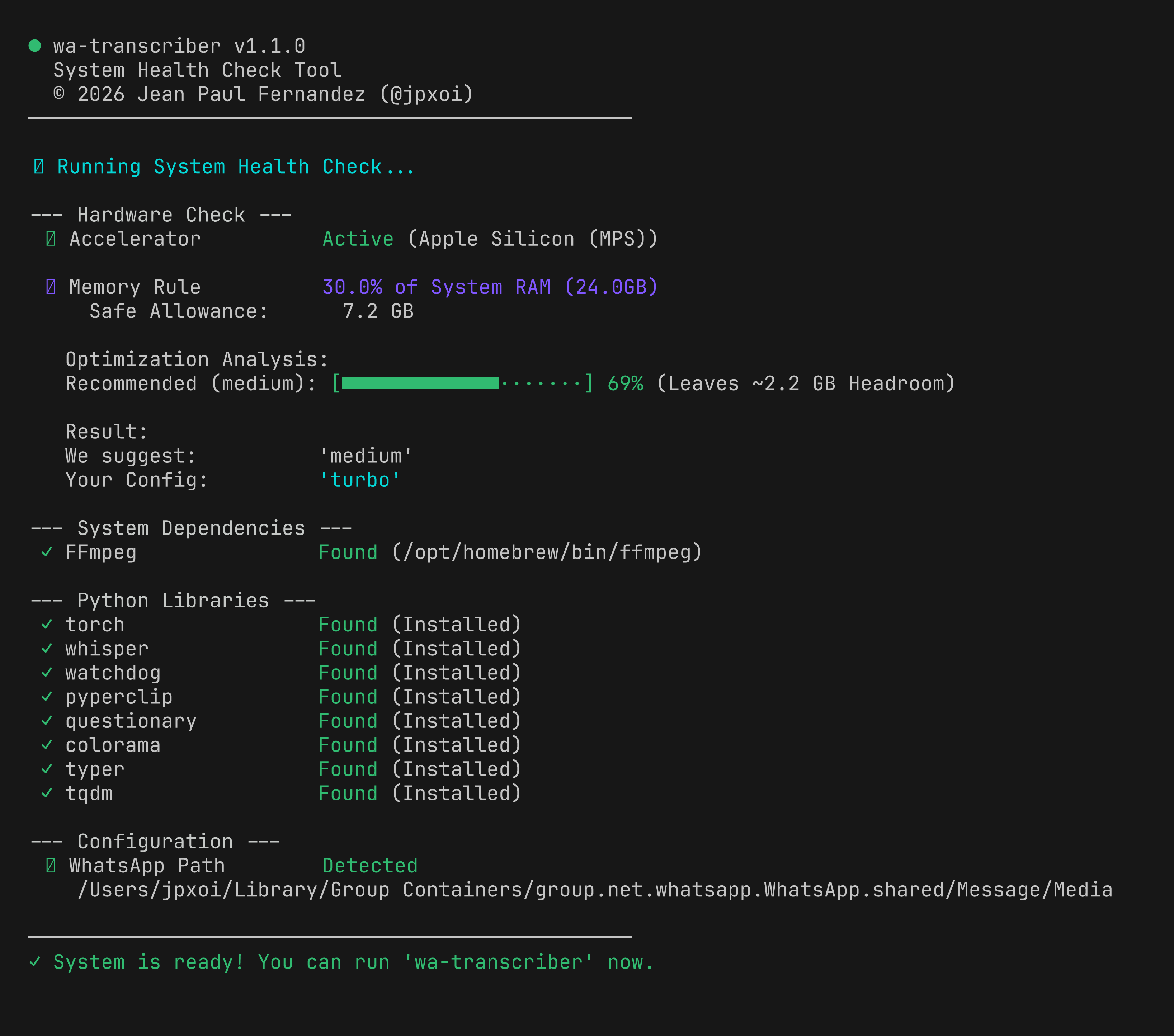 CLI view of running wa-transcriber health