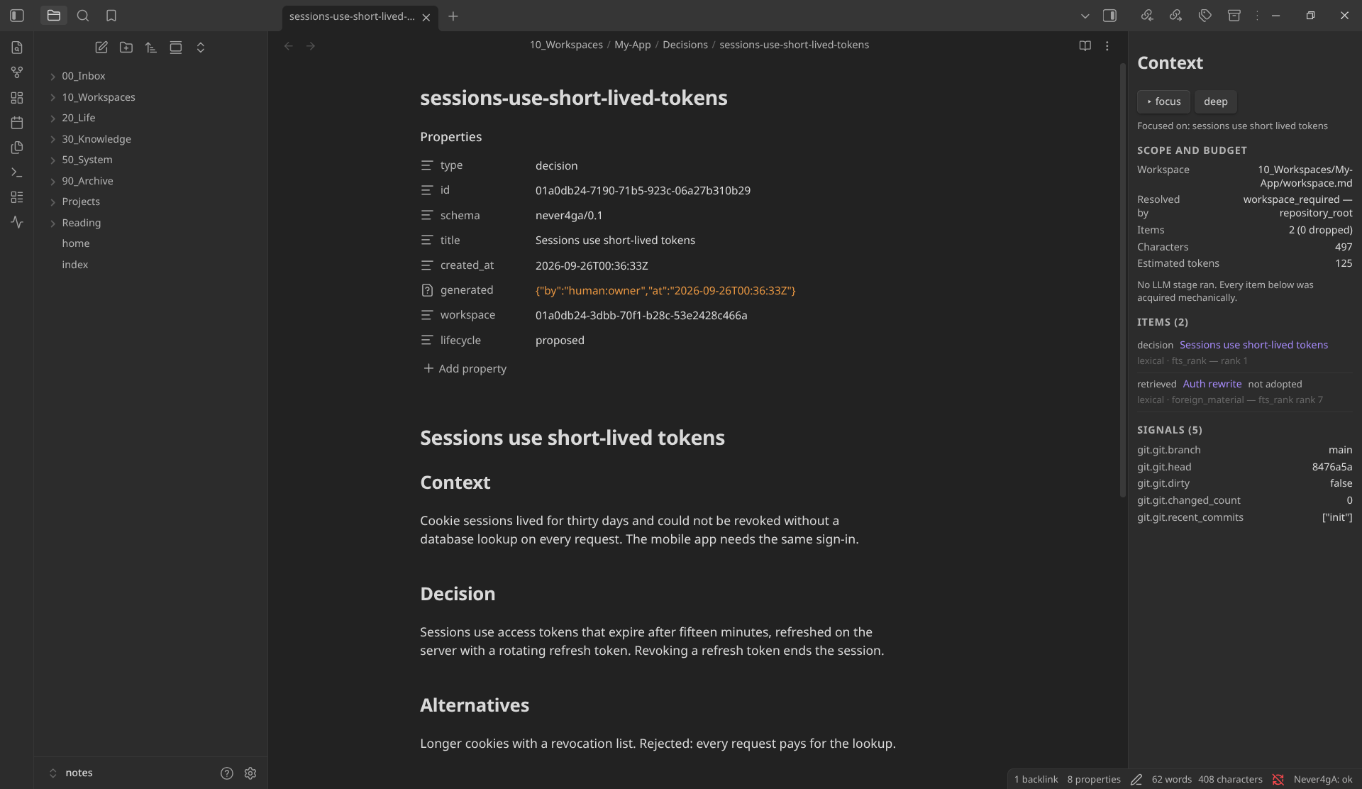 Obsidian with the Never4gA Companion's context panel beside a decision note: scope, budget, items with their reasons, and Git signals. It notes that no LLM stage ran.