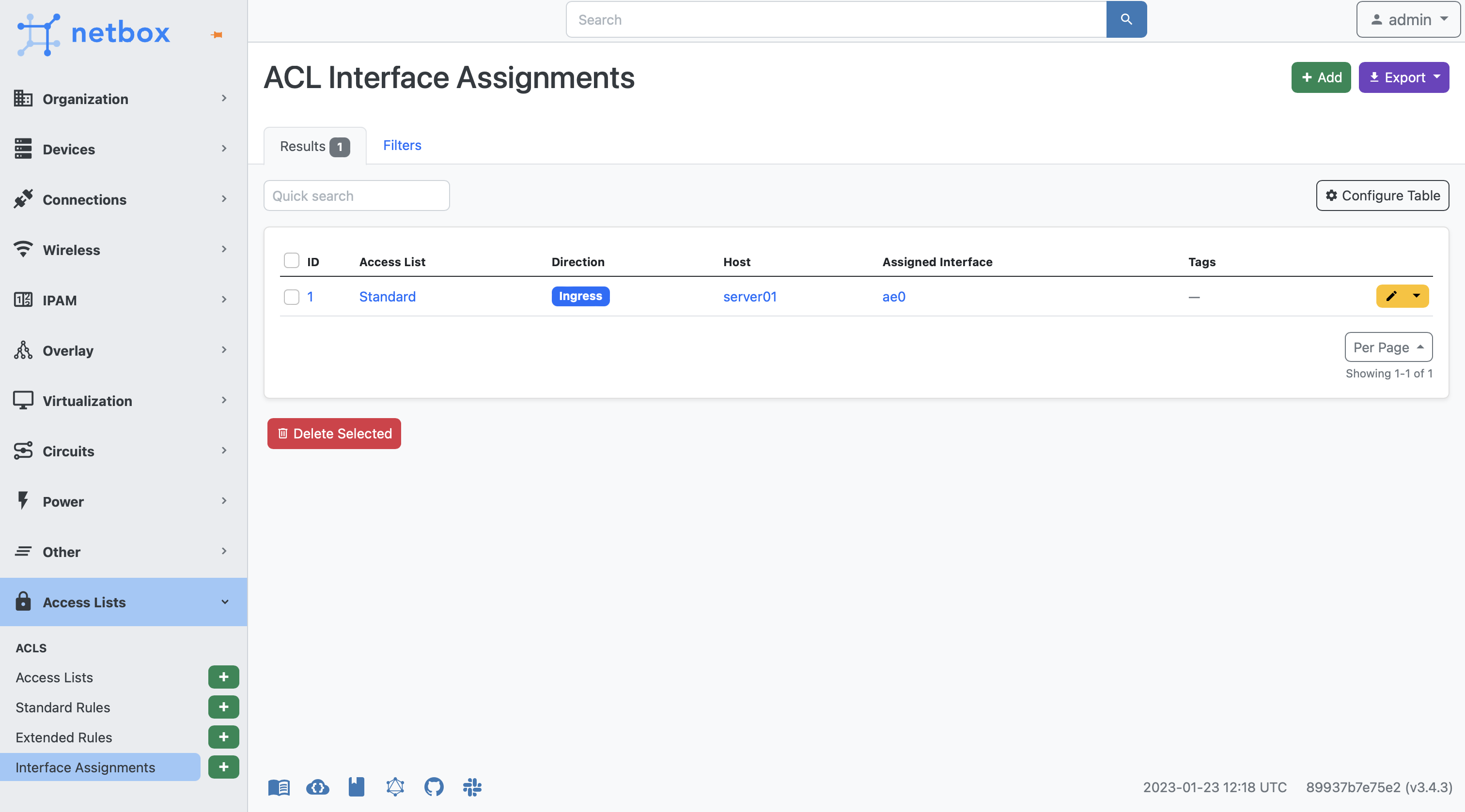 Access List Interface Assignments- List View