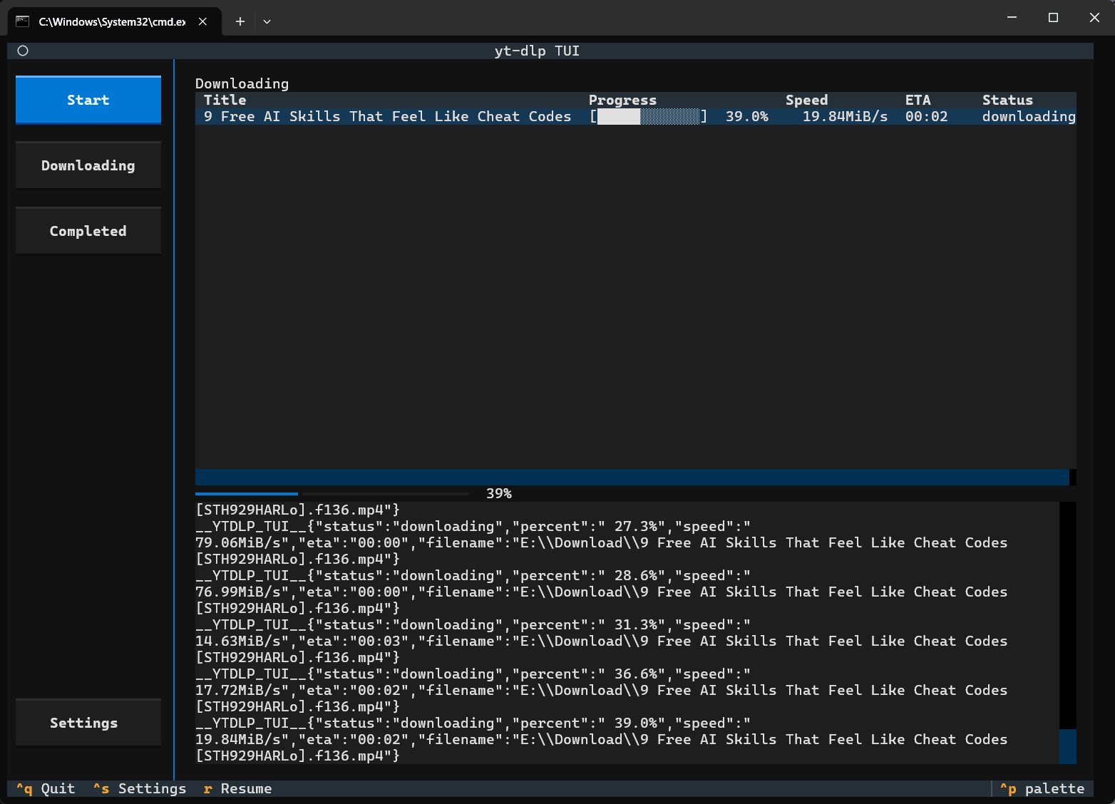 Downloading page with task progress, speed, ETA, and raw yt-dlp output