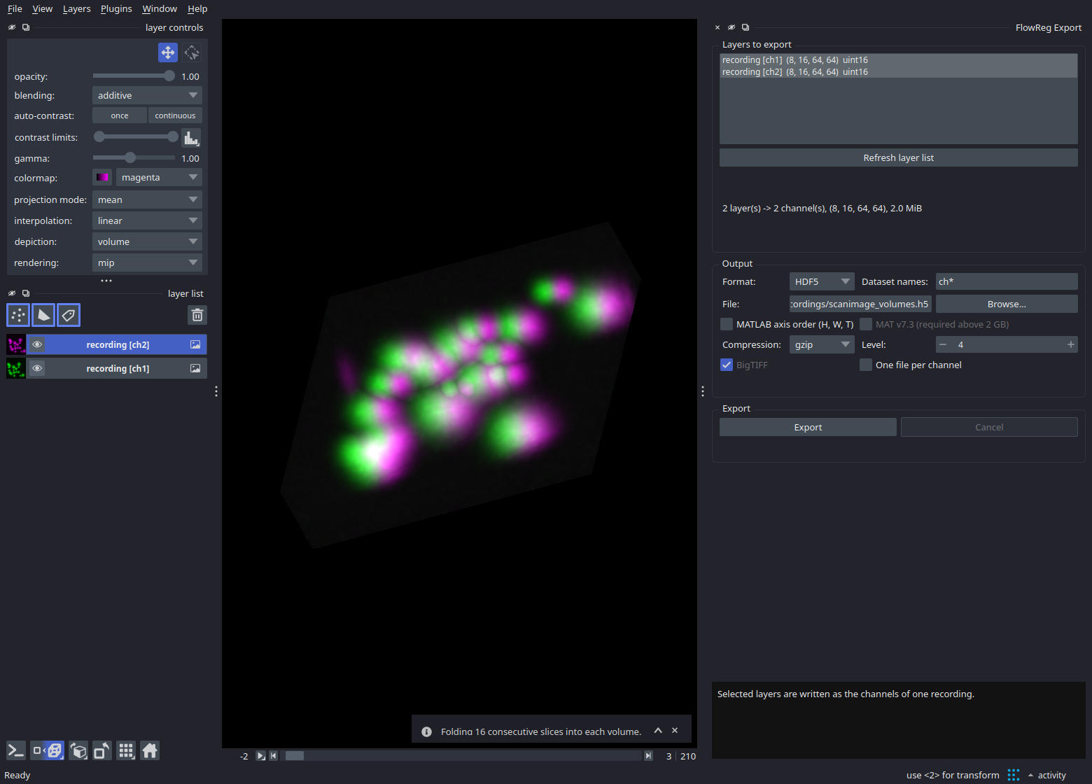 FlowReg Export dialog in napari