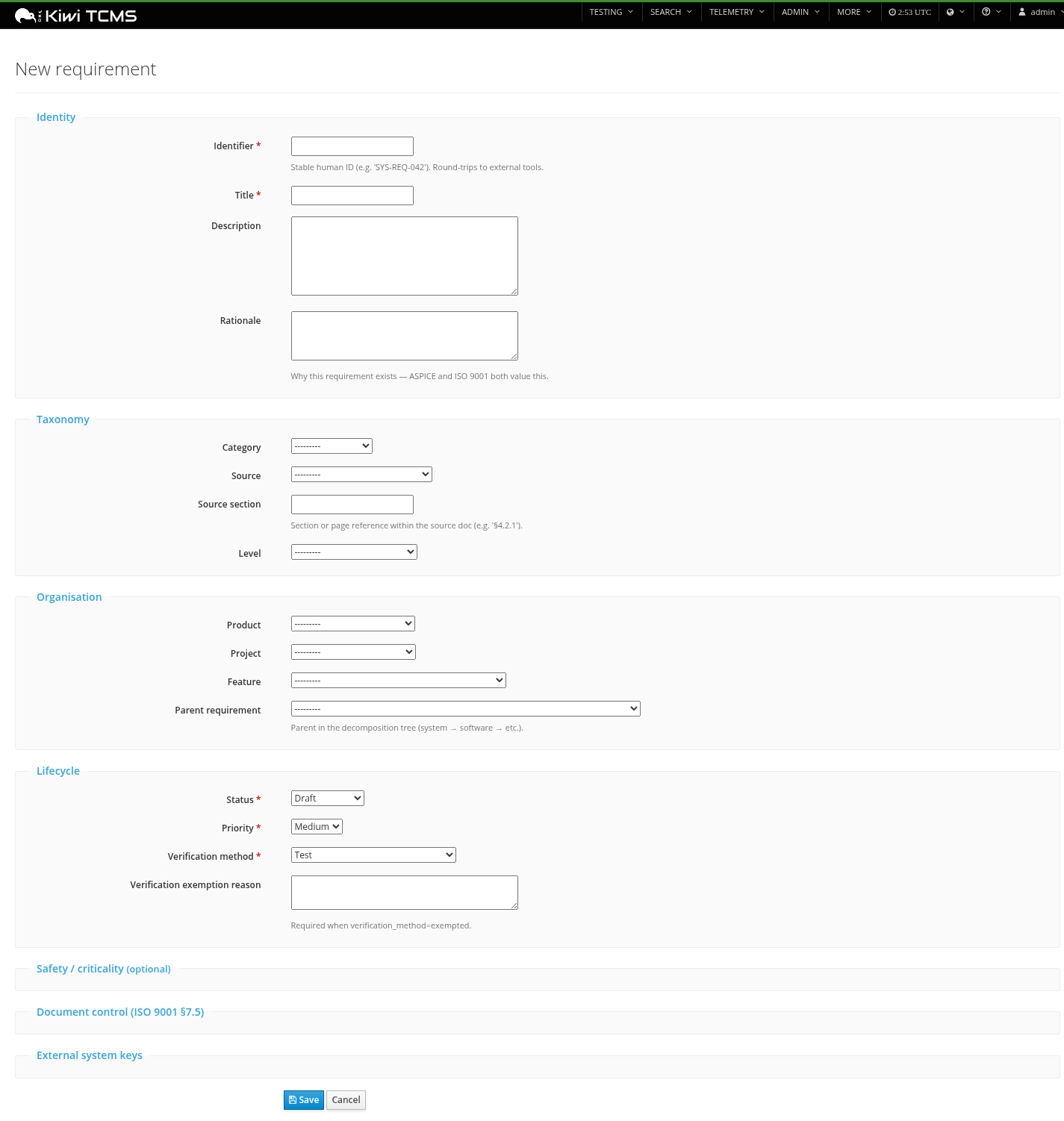 New requirement form
