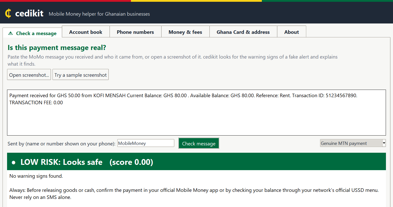 A genuine MTN payment alert rated LOW risk