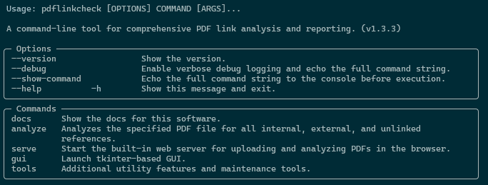 Screenshot of the pdflinkcheck CLI Tree Help