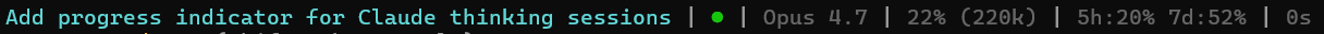Statusline showing project name, green busy dot, model, context %, rate limits, and elapsed time