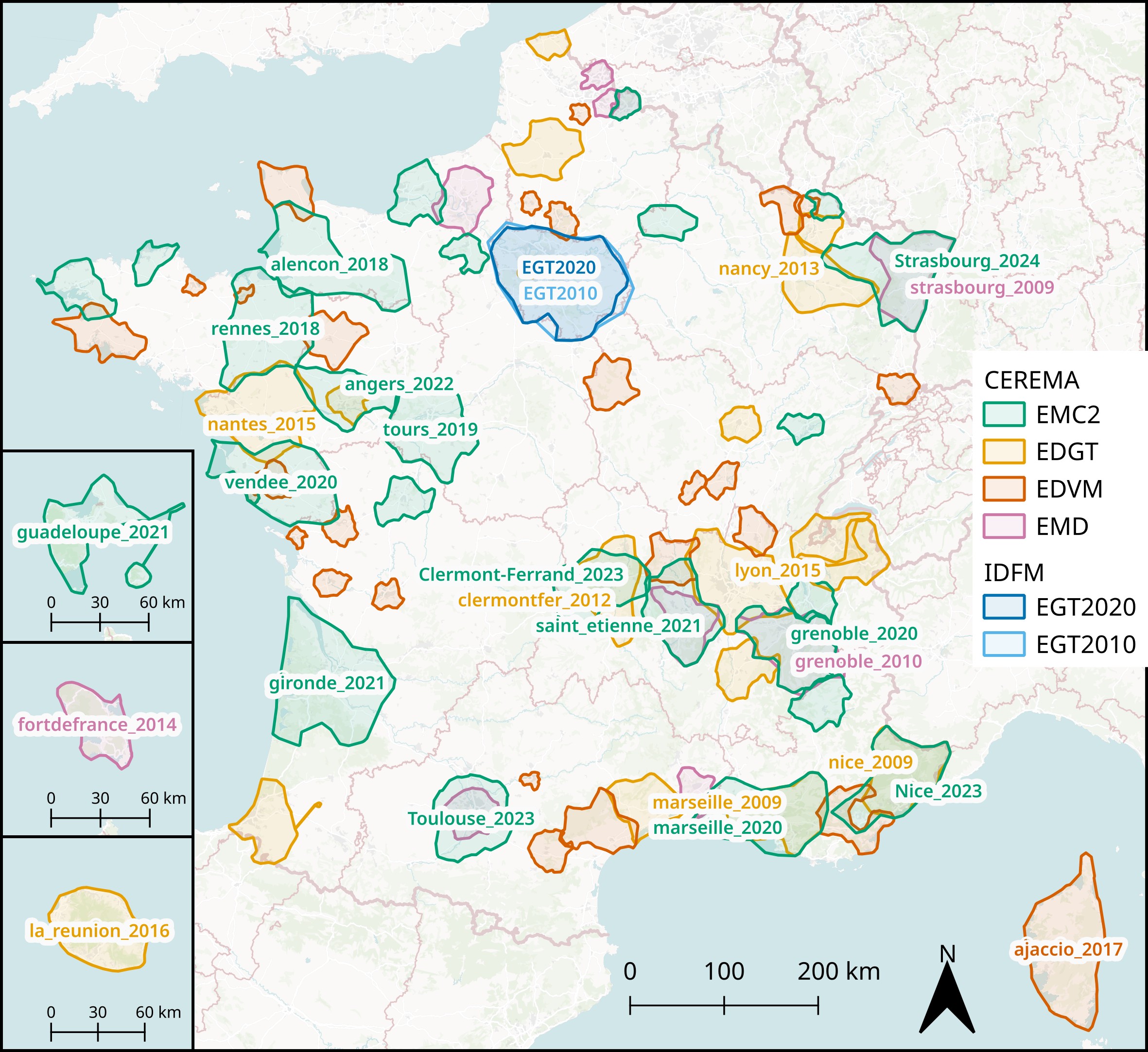 Map of all local surveys tested with MobiSurvStd