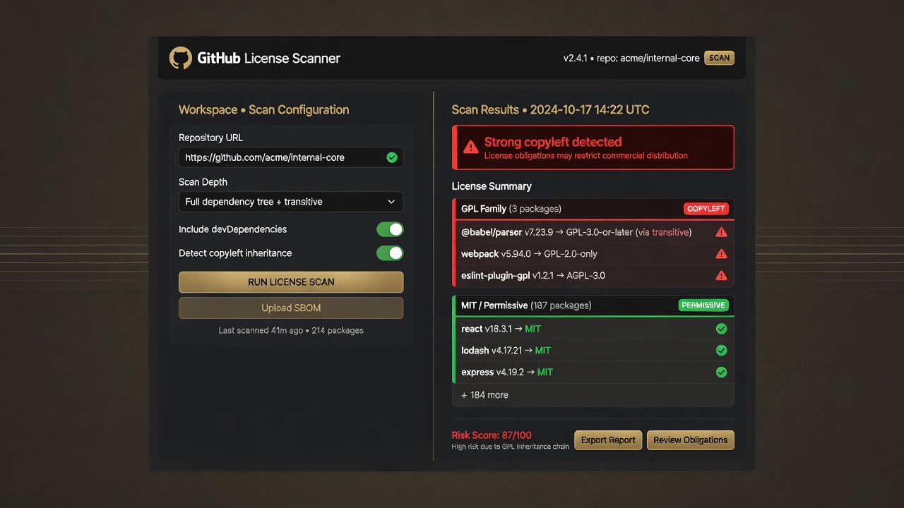Dark mode UI — copyleft warning and package groups