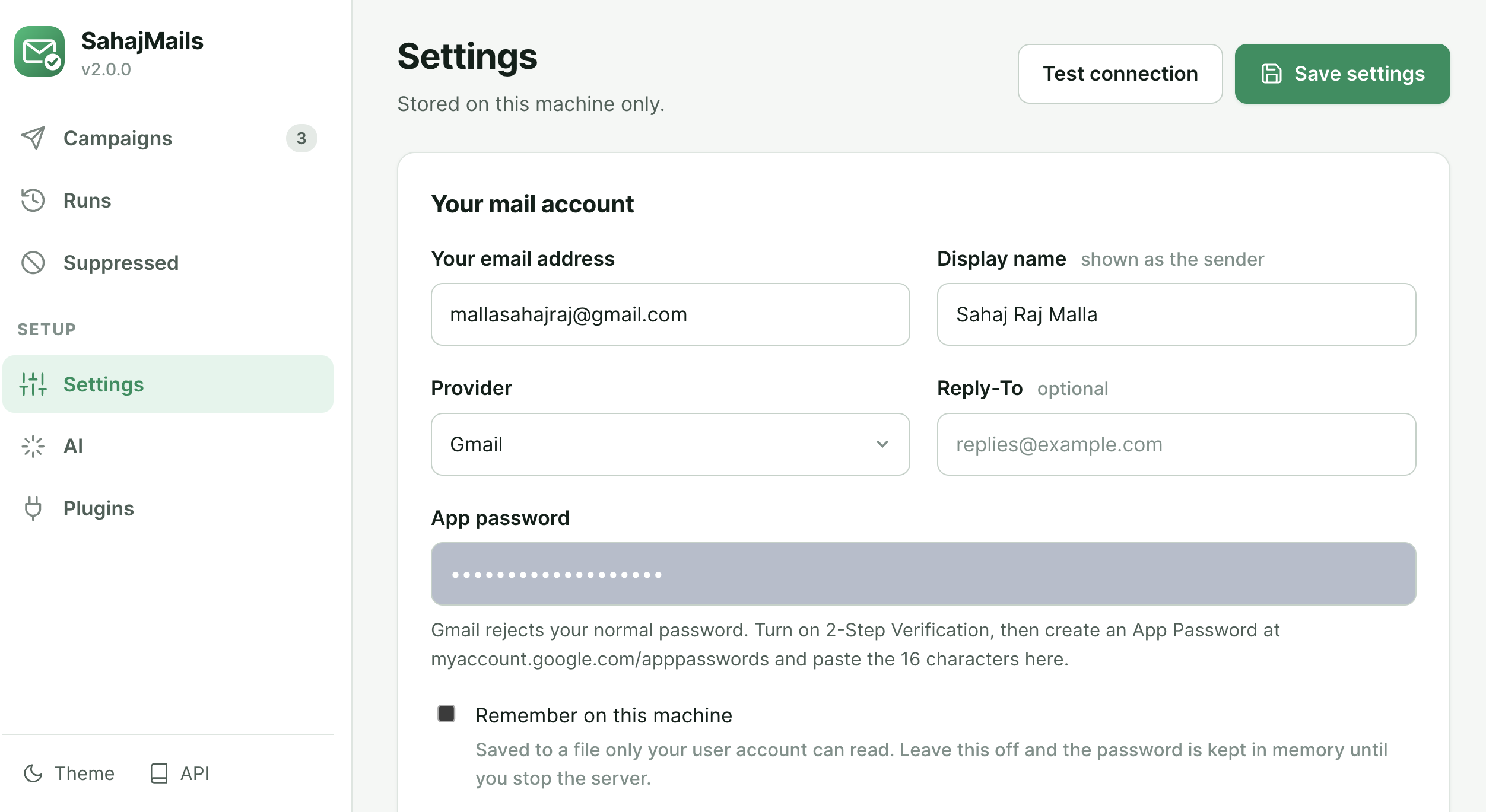 Settings configuration
