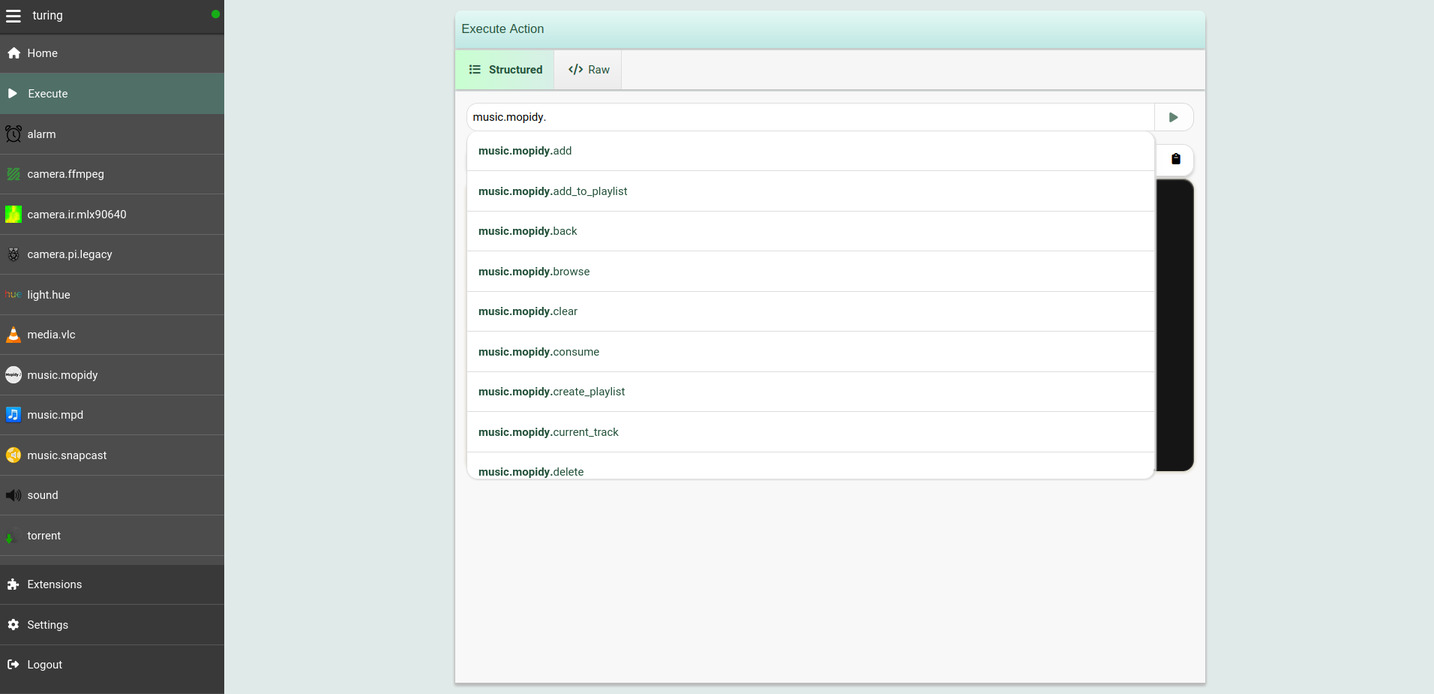 Screenshot of the Execute tab showing the autocomplete discovery of the actions