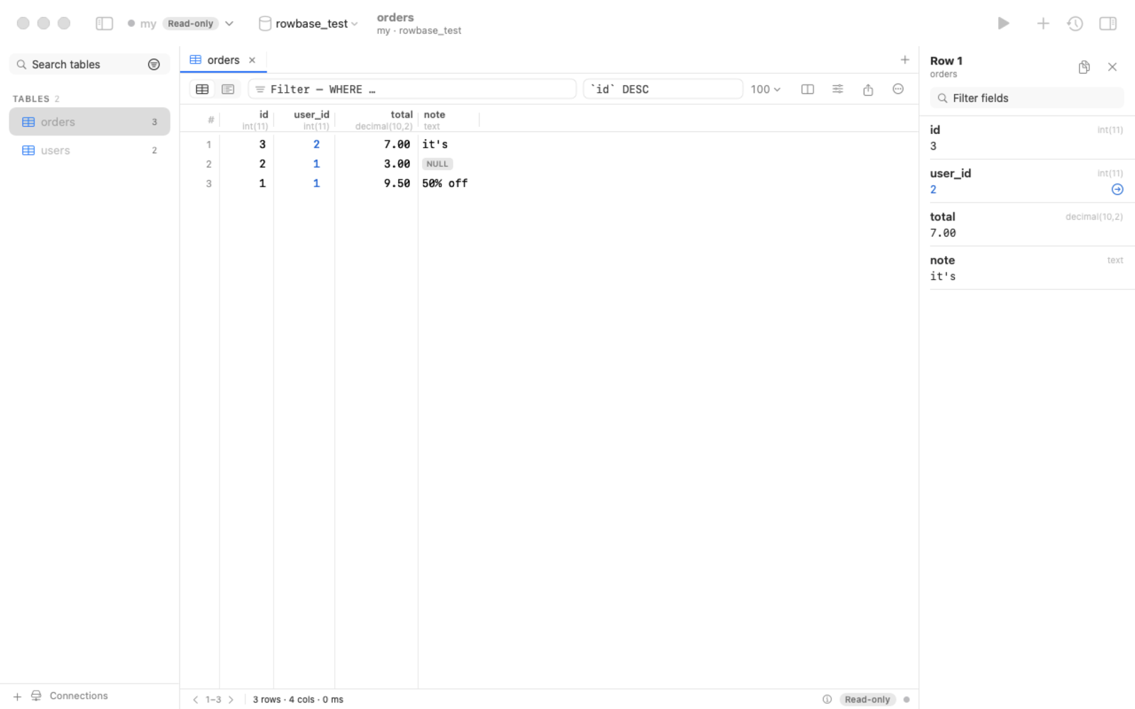 Rowbase: table browser with row inspector