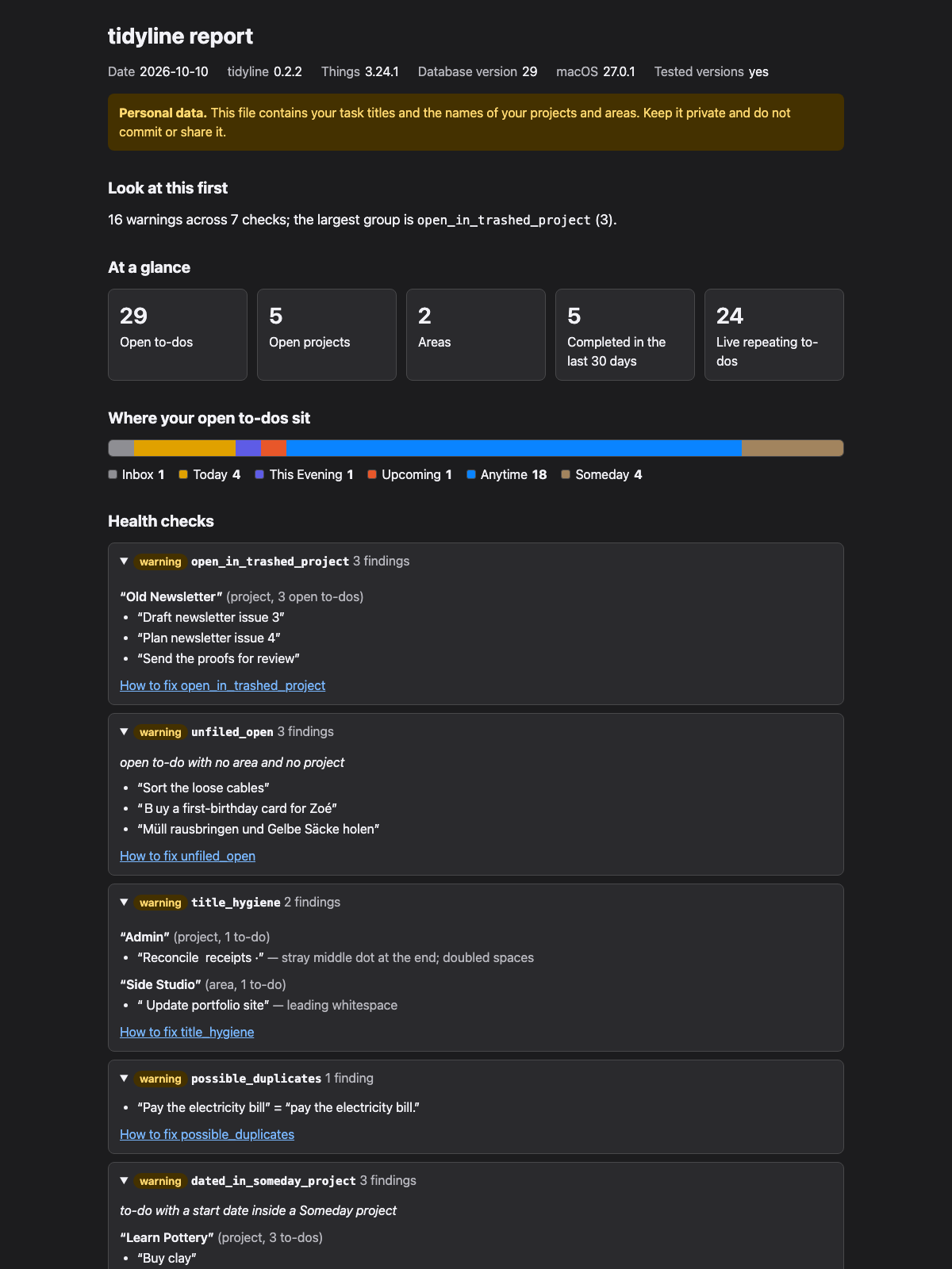 The HTML report in dark mode