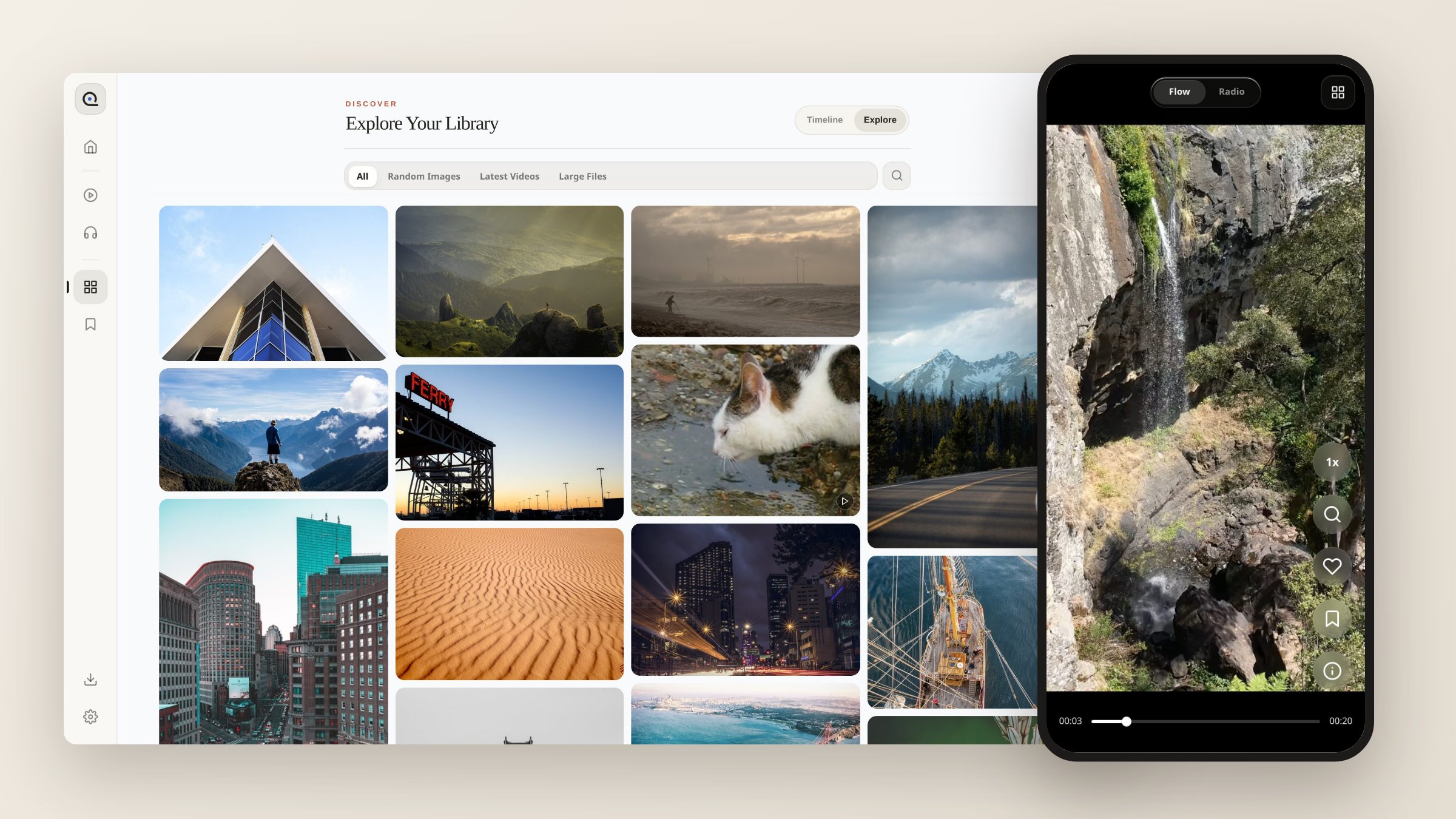 Spooly Library grid on desktop with the Flow swipe feed on a phone