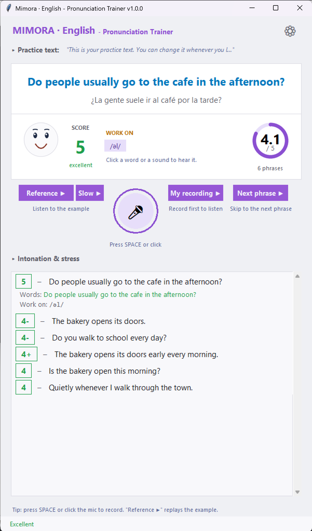 Mimora pronunciation trainer, light theme