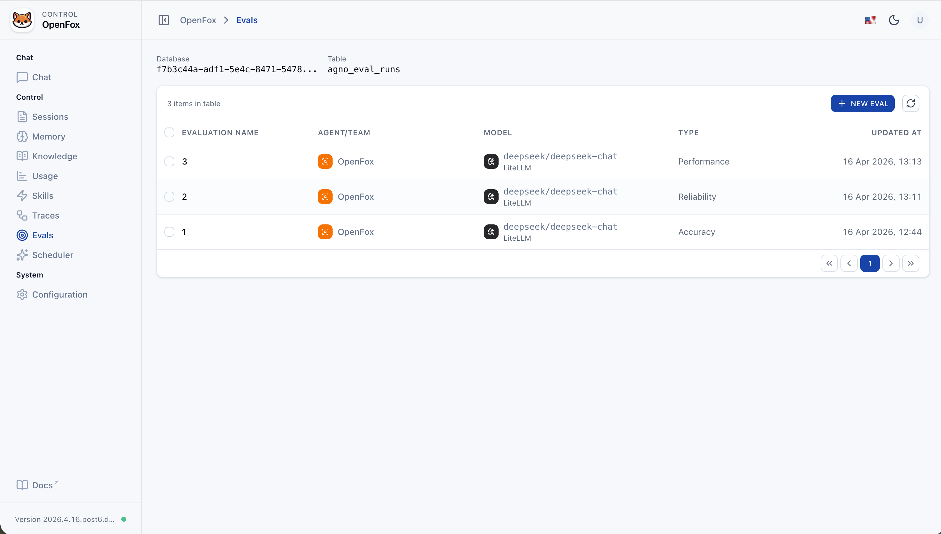 OpenFox Web — Evals List