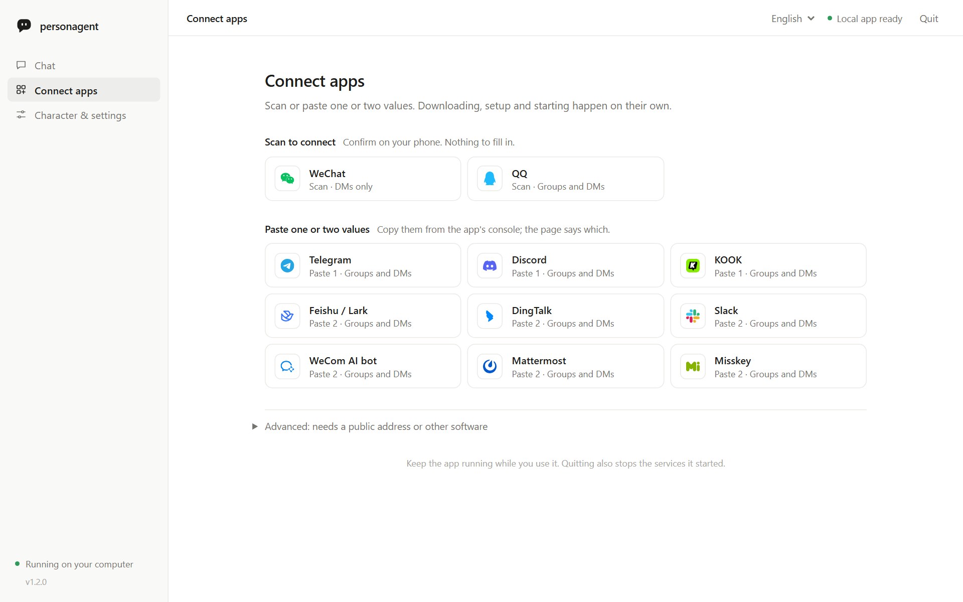 The Connect apps screen of the local page, with every platform it can join