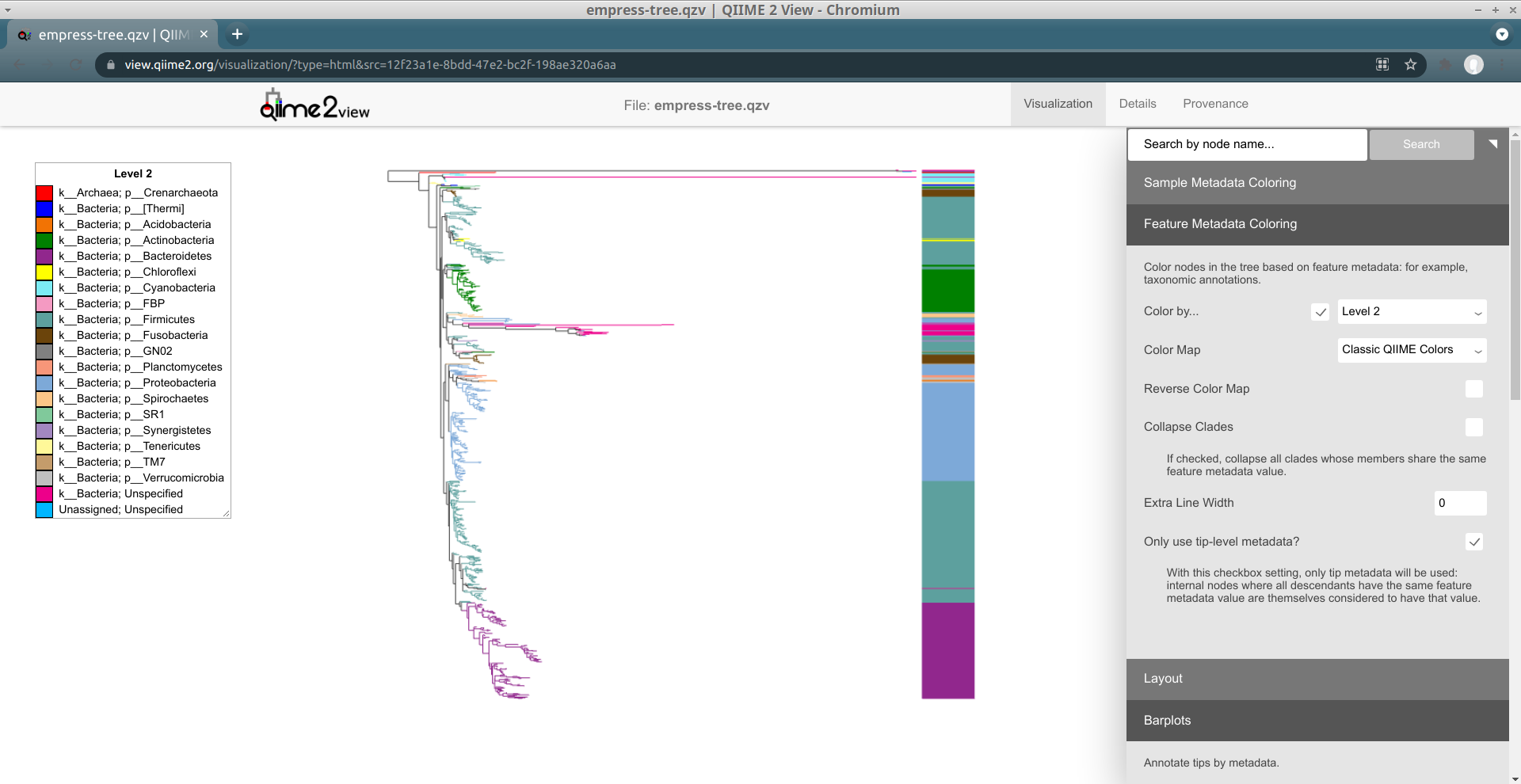 empress barplots: phylum coloring and tree phylum coloring