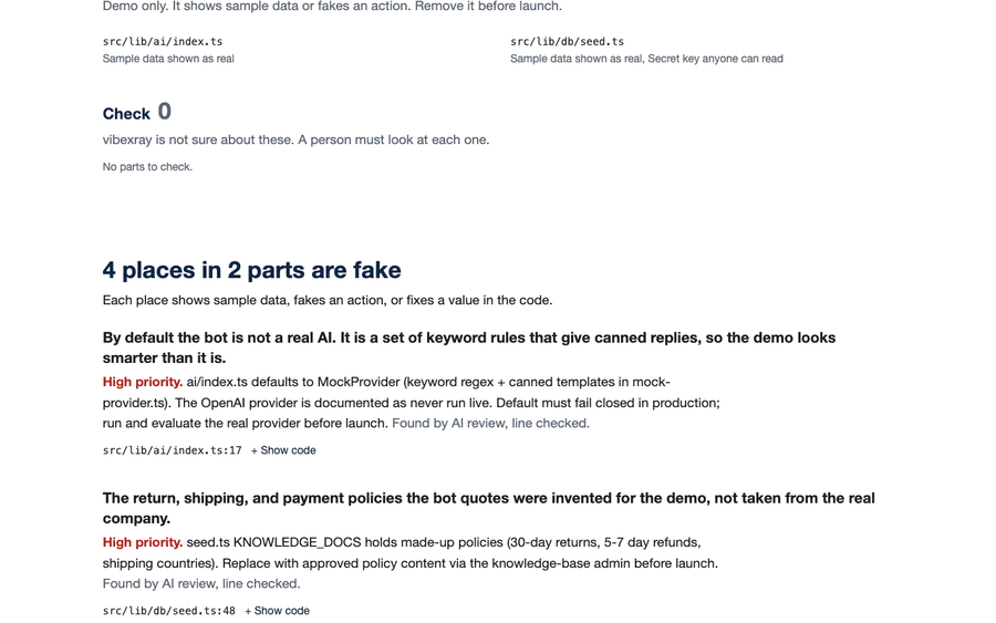 The fake section shows cards for a keyword bot that poses as an AI and for invented store policies.