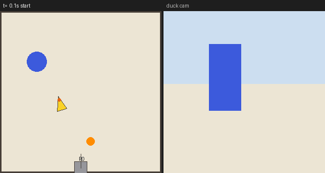 A Reachy Mini head on the wall spots the ball and judges the kick while a Microduck walks in and kicks it.