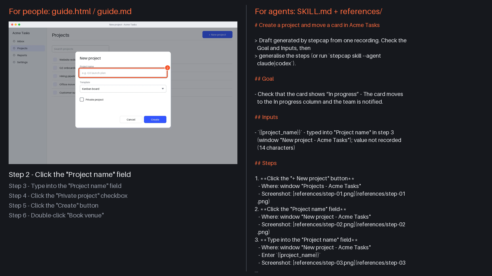 One recording: guide.html on the left, SKILL.md with inputs and references on the right
