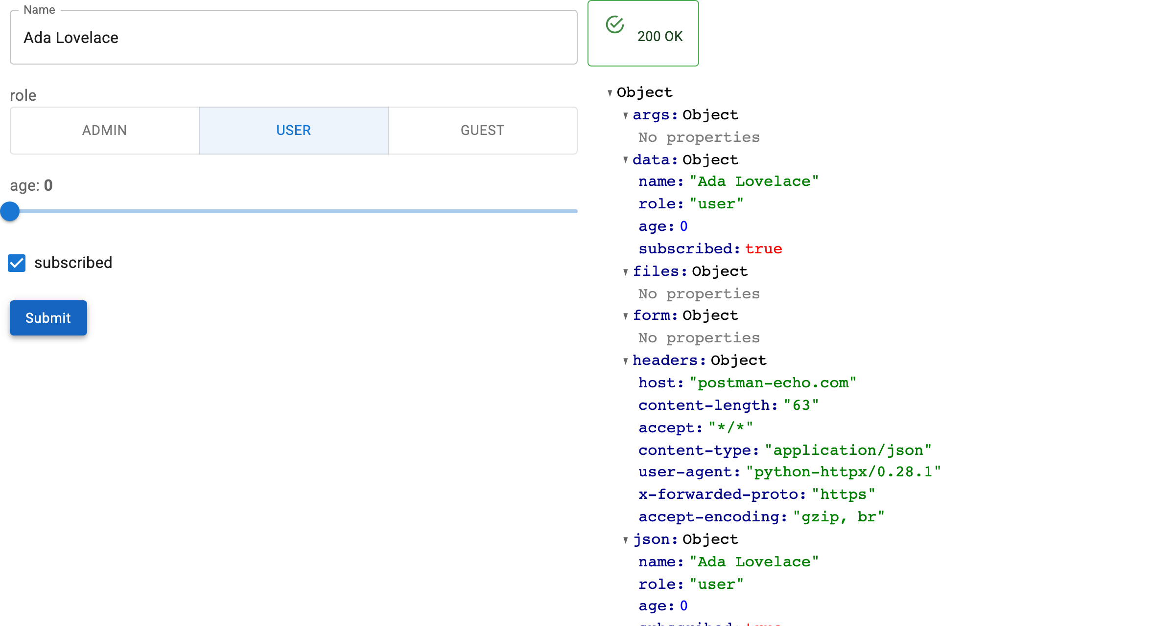 A generated form with a live response beside it