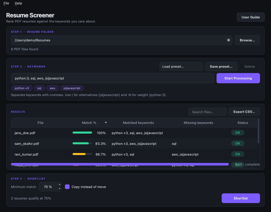 Resume Screener main window