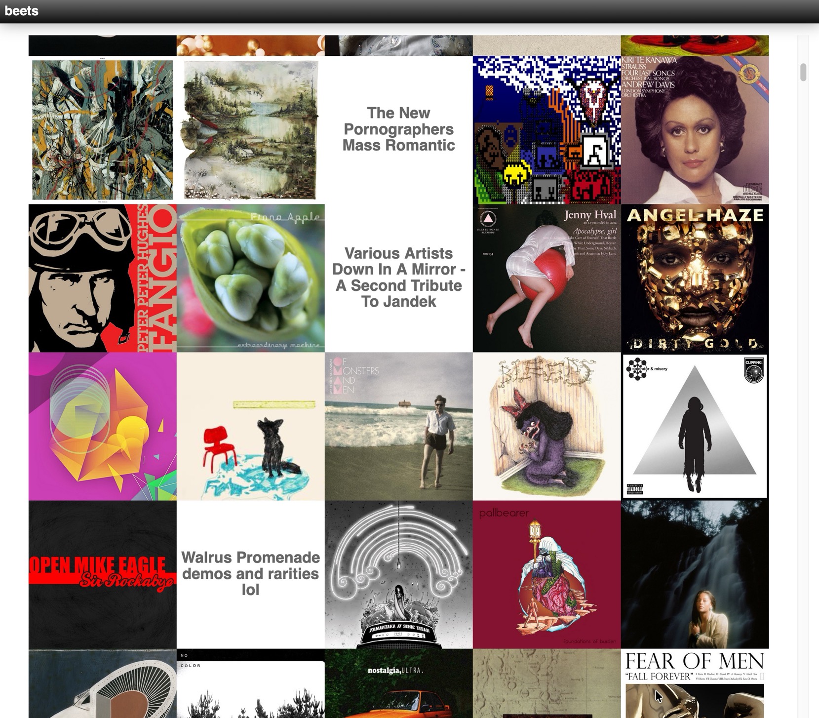 A screenshot of the cover grid interface. It shows about 25 album covers arranged in a grid that's 5 wide. Some of the album covers are just plain text, indicating the art is not available. There is a scroll bar on the right side.