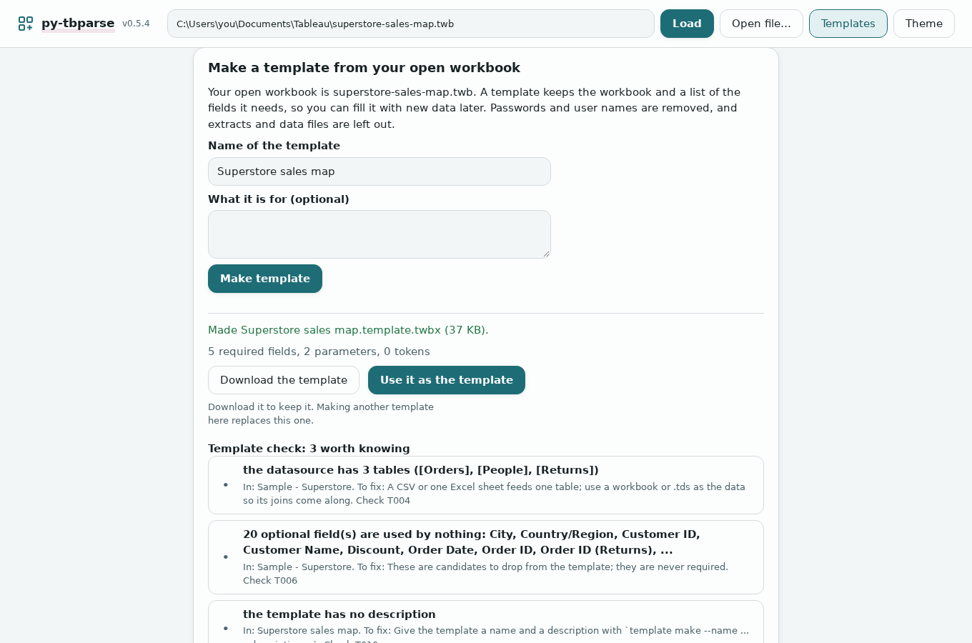 Made Superstore sales map.template.twbx: 5 required fields, 2 parameters, 0 tokens; Download the template and Use it as the template; Template check: 3 worth knowing