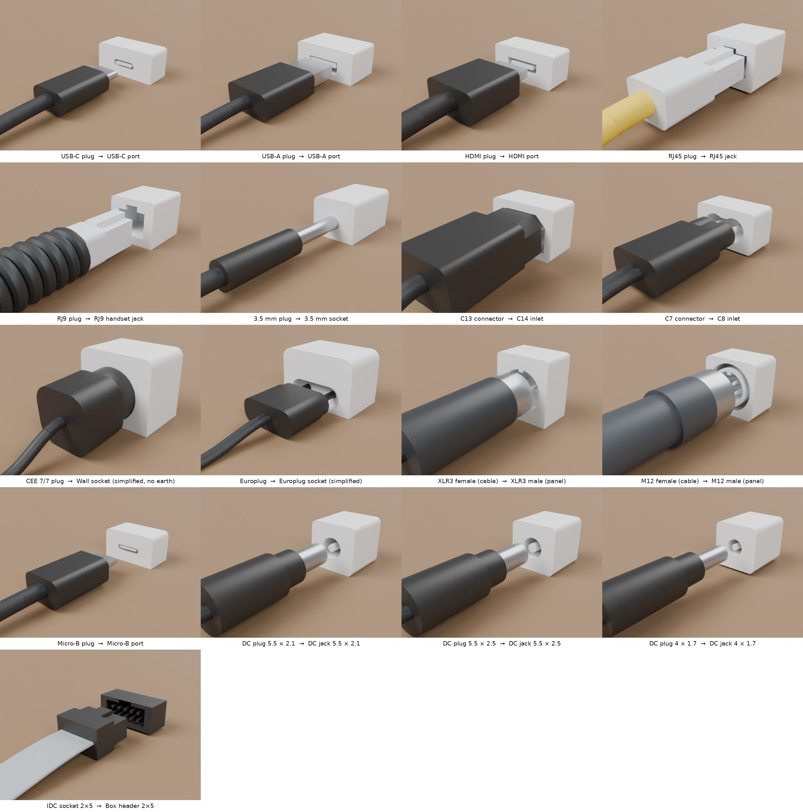 Every plug on its cable, 15 mm in front of its receptacle