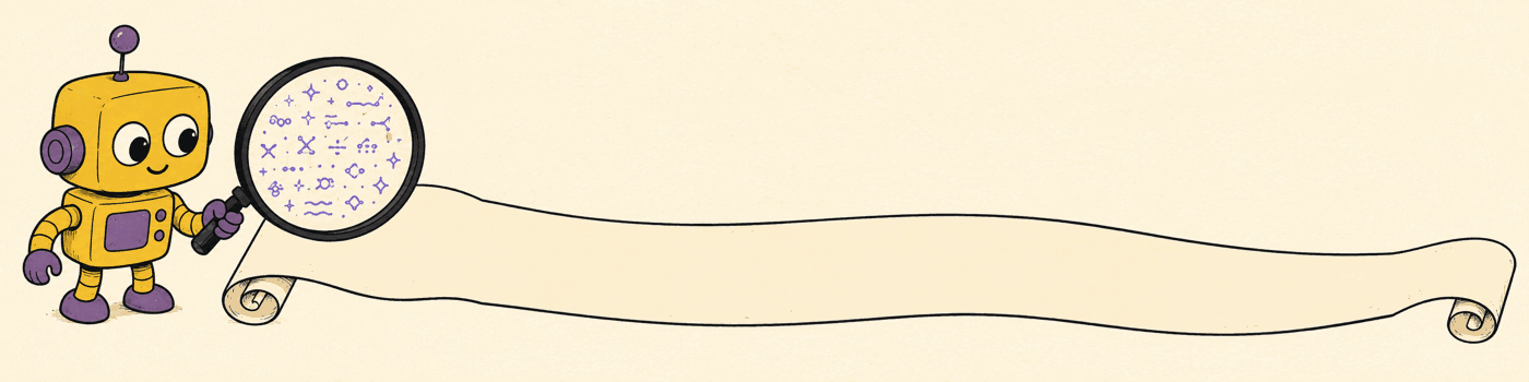 A friendly robot holding a magnifying glass over a long blank scroll. Hidden marks are visible only inside the glass.