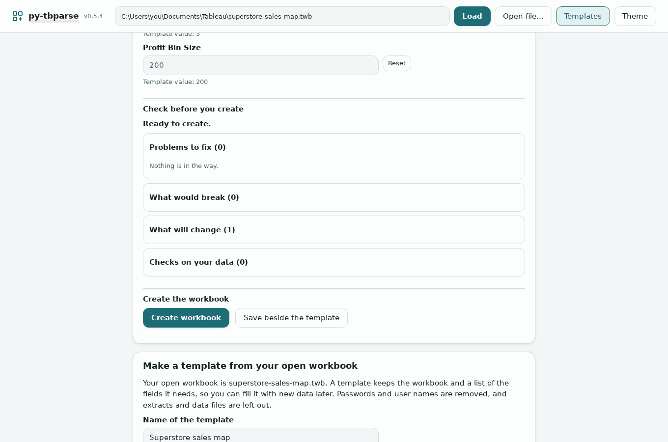 Check before you create: Ready to create, Problems to fix (0), What would break (0); the Create workbook and Save beside the template buttons