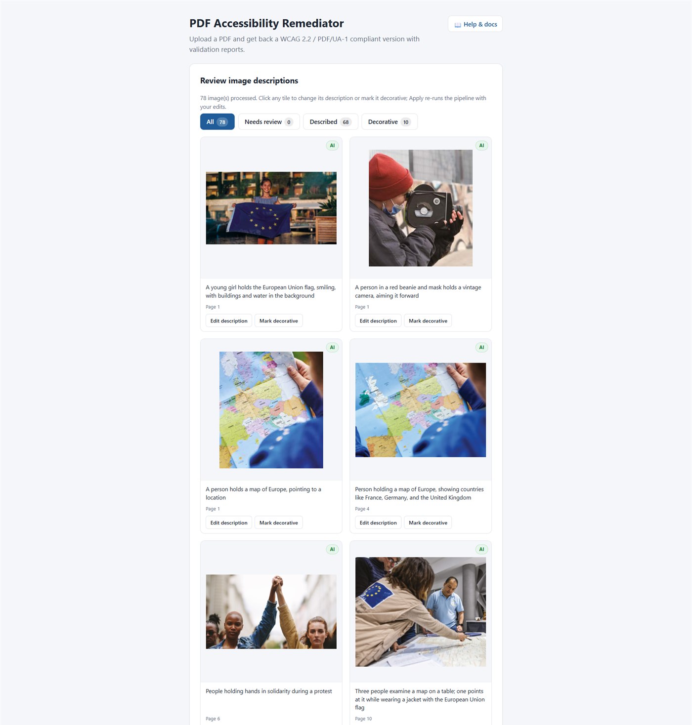 Review image descriptions — grid of every image the AI processed with its generated alt text, plus per-image Edit description / Mark decorative actions and All / Needs review / Described / Decorative filter tabs