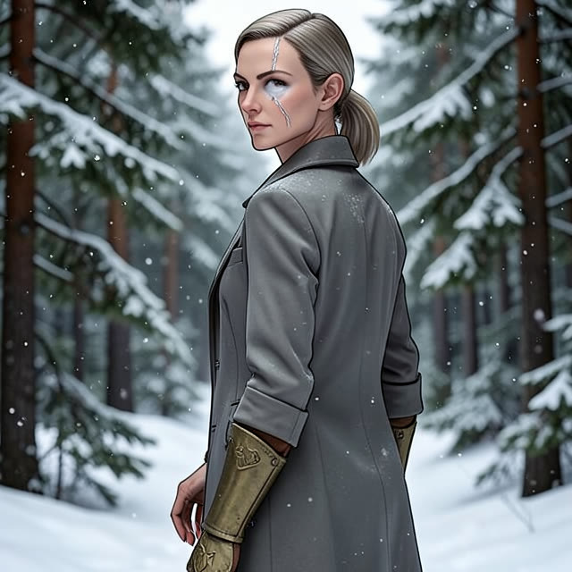 “from behind, looking back over her shoulder, snow”