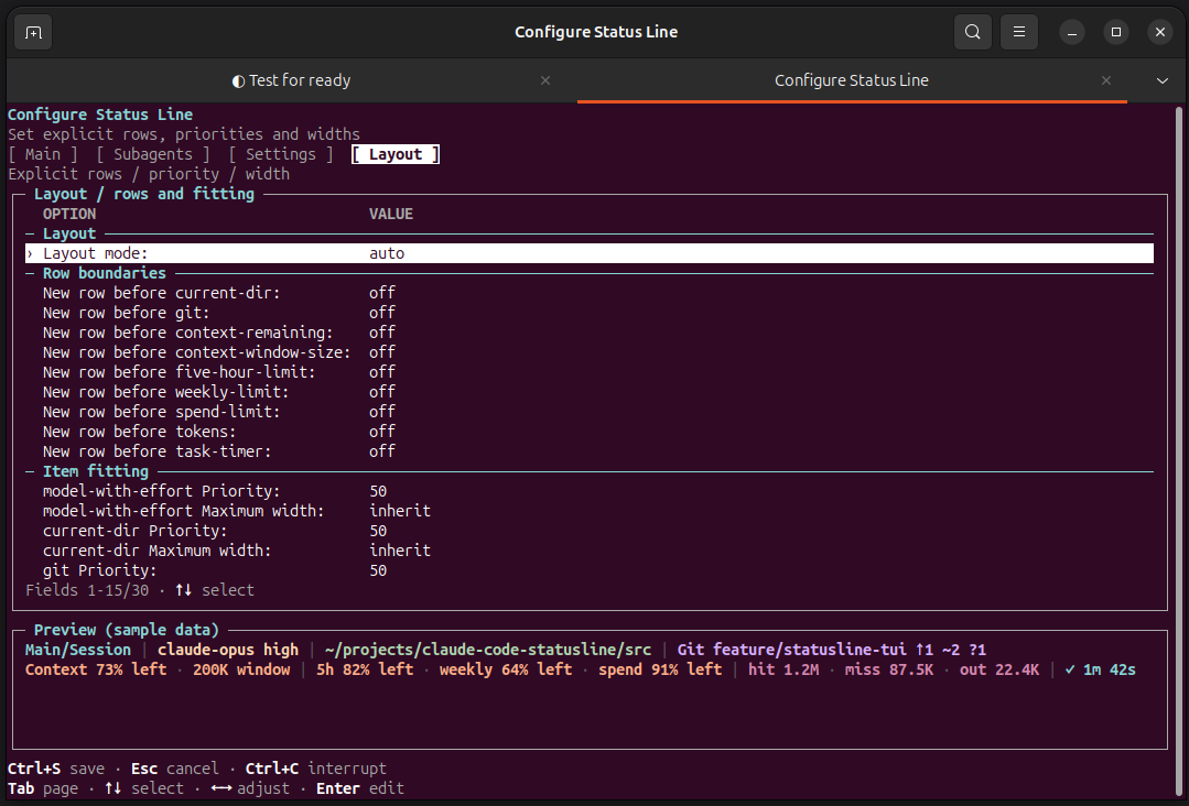 Linux external TUI Layout page with sample preview