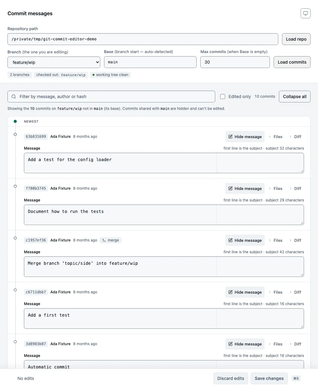The editor showing a feature/wip branch: a repository path box, branch and base selectors, status chips, a filter bar, and a column of commit cards. Each card has a short SHA, author, date, a message textarea with a subject-length counter, and Files and Diff toggles. One card carries a merge badge and one is titled Automatic commit. A save bar sits along the bottom.