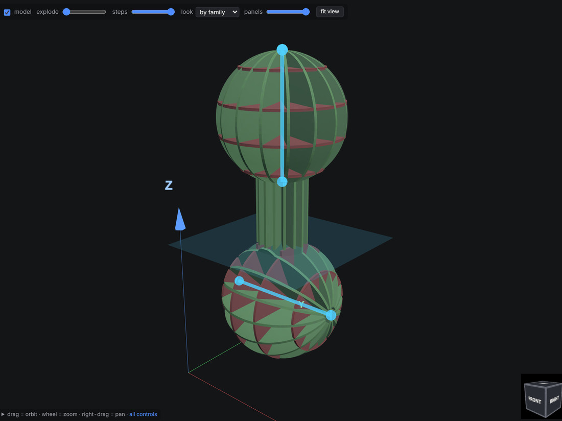 Radial with an axis through each ball of a dumbbell, at right angles to each other, and the plane between them at the neck