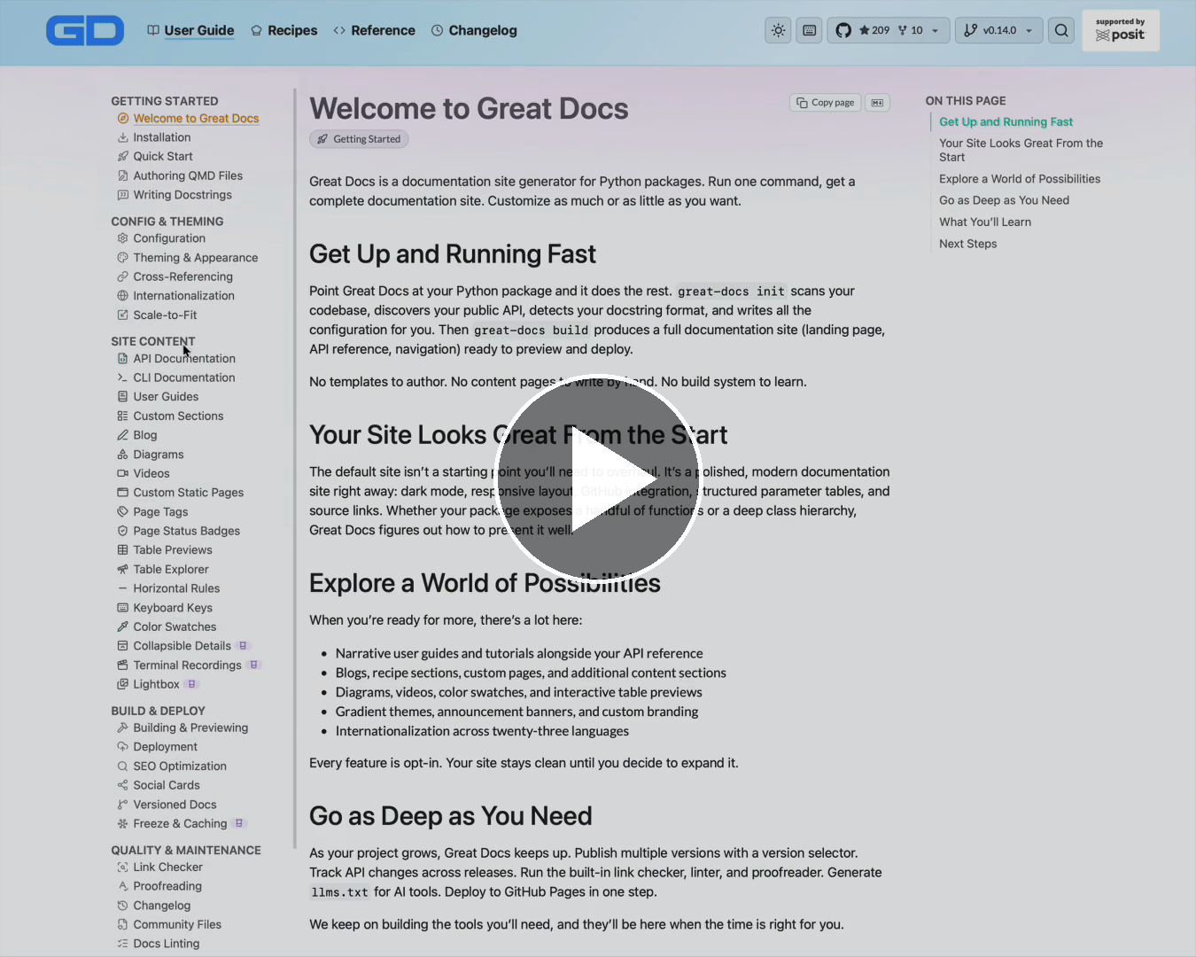 Watch a 22-second tour of a generated Great Docs site