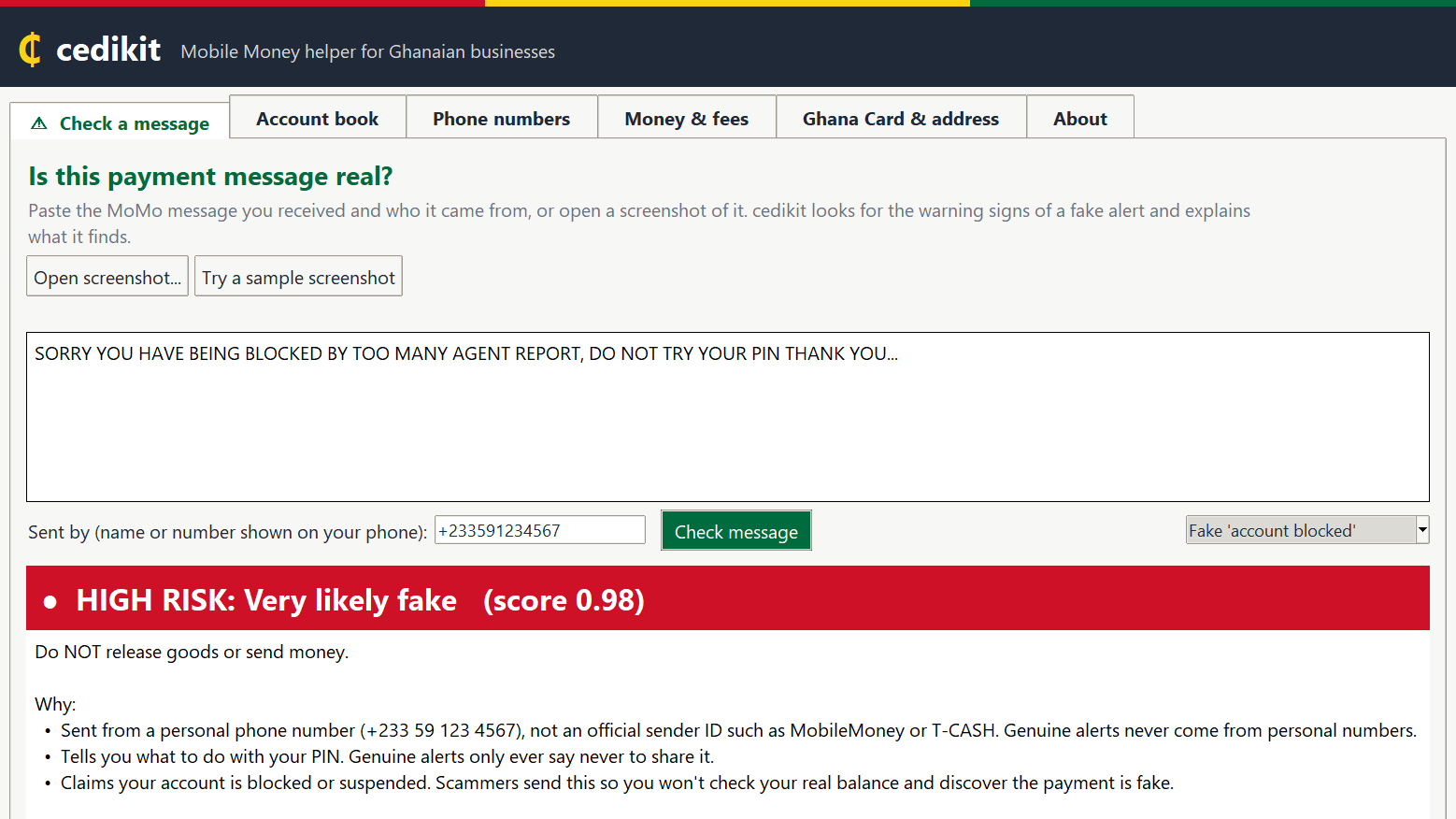 A fake 'account blocked' message flagged HIGH risk