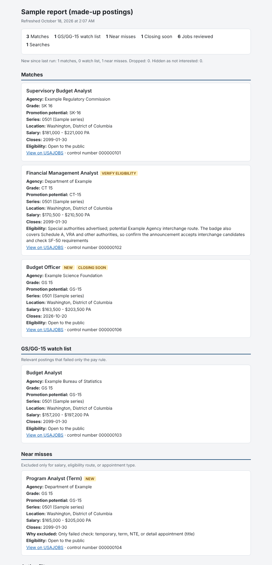 The HTML digest from a sample follow-up run: three matches with NEW, CLOSING SOON and VERIFY ELIGIBILITY badges, a GS/GG-15 watch list and a near miss
