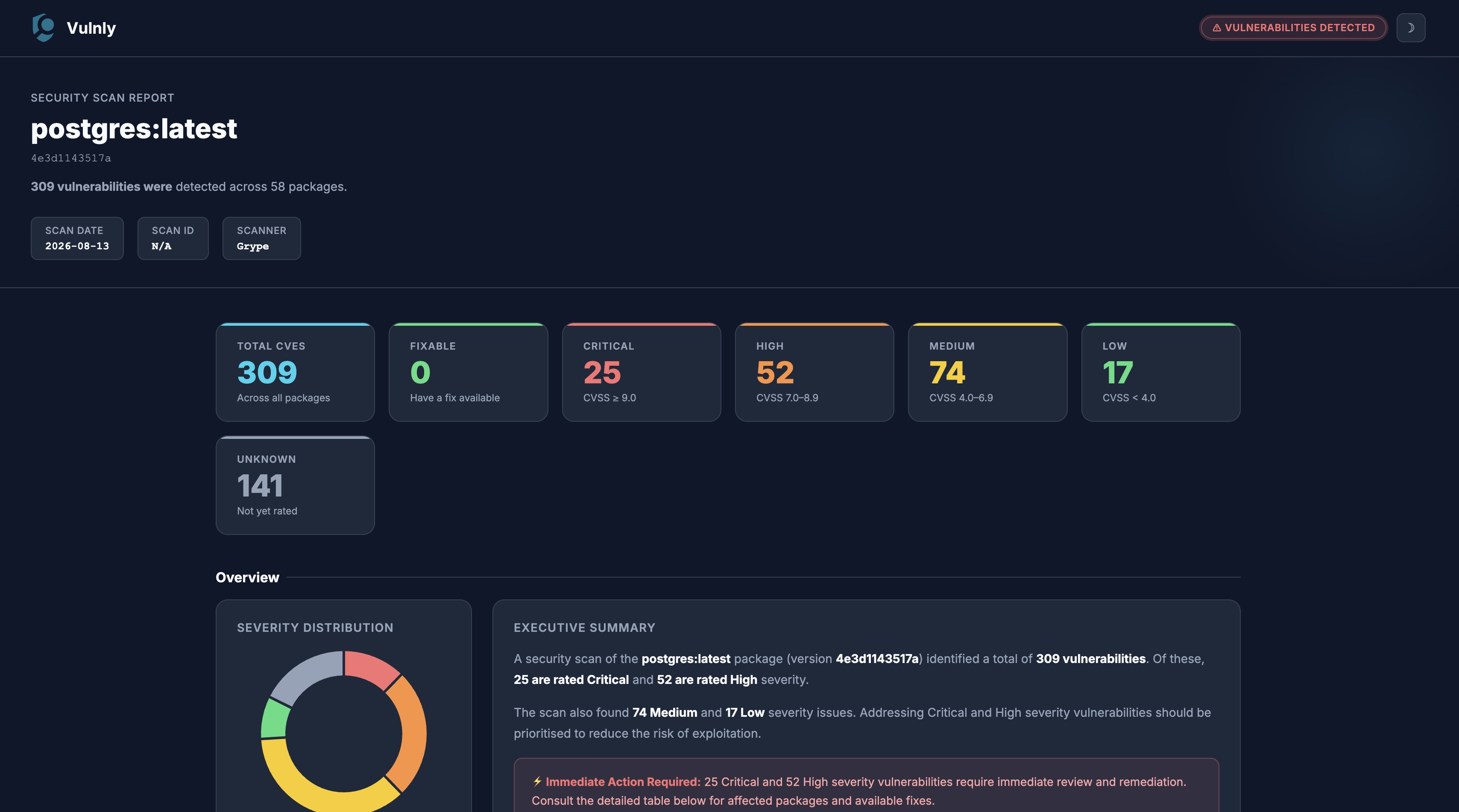 Vulnly report summary: stat cards, severity distribution chart and executive summary