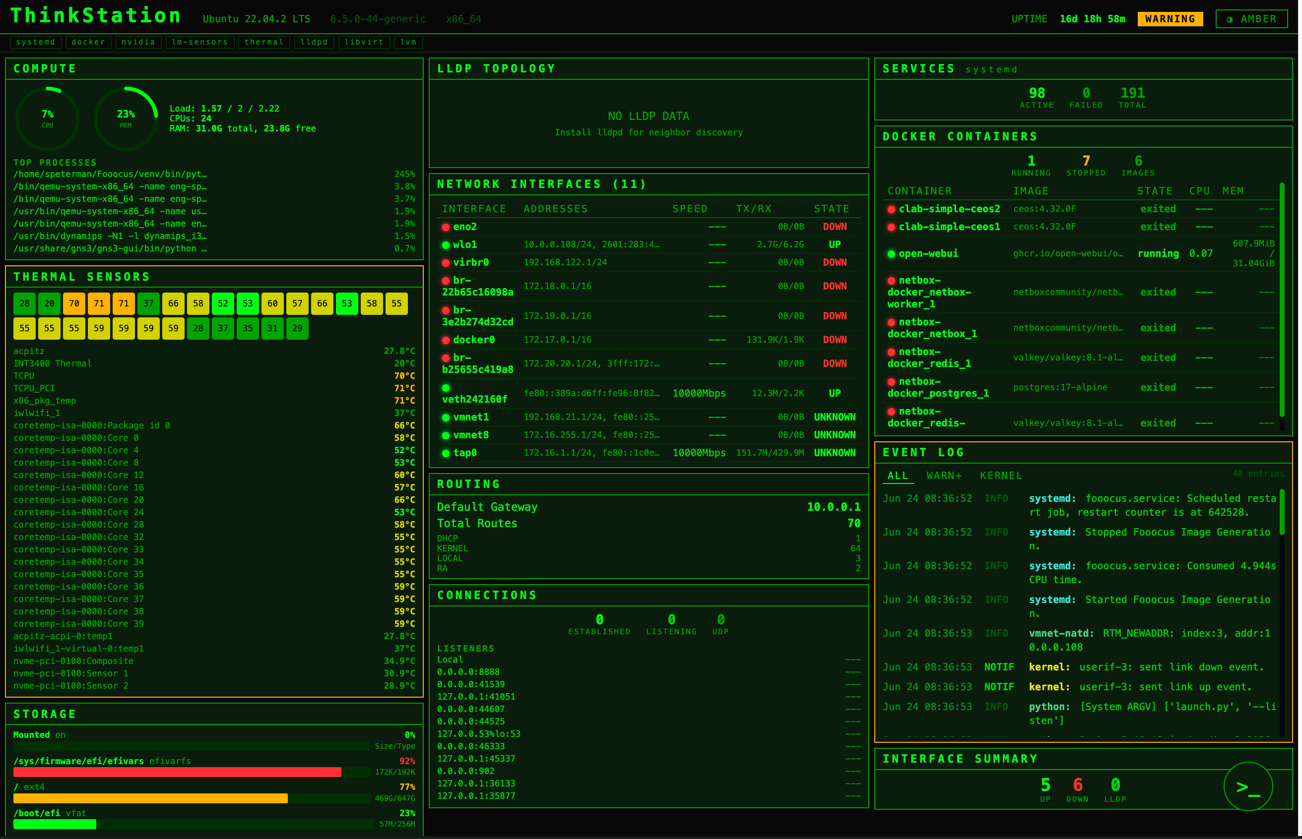 The full Linux HUD cockpit — systemd services, Docker, interfaces, routing and thermals