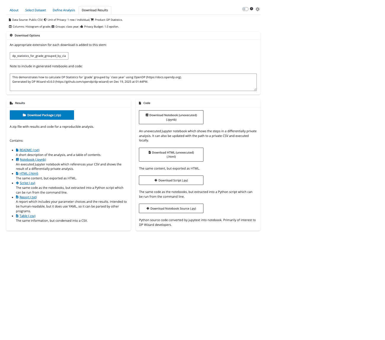 Screenshot with links to download analysis results".