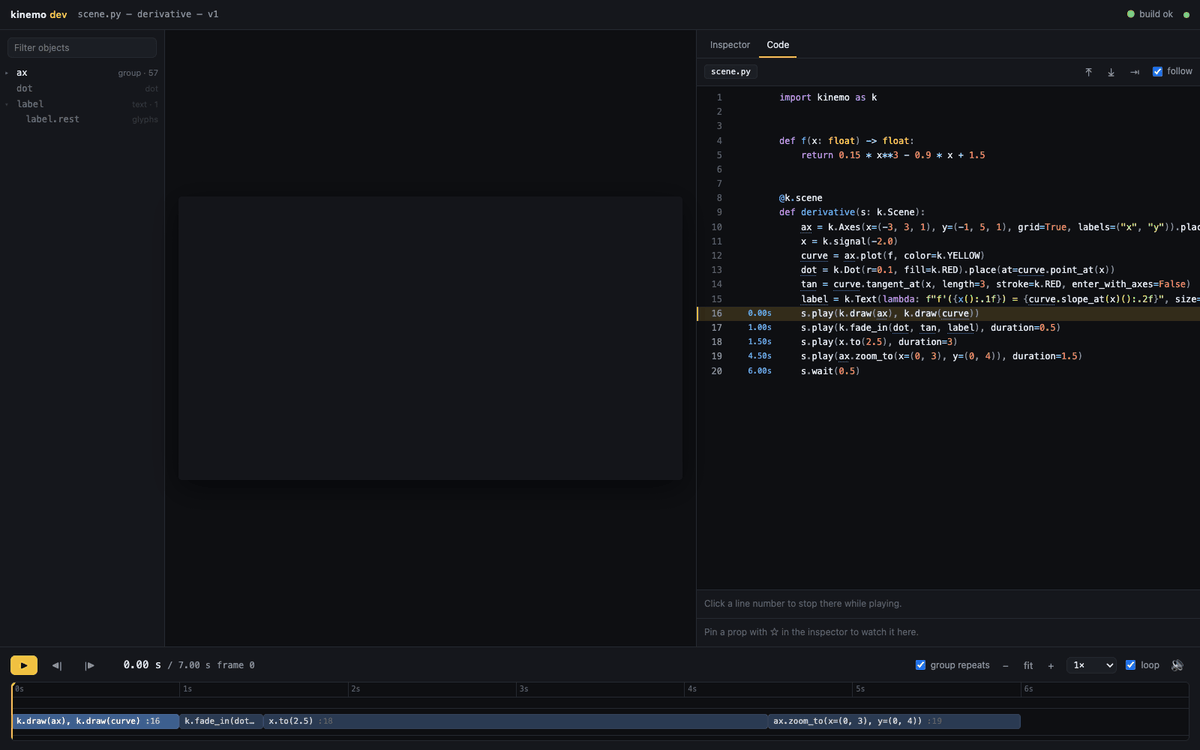 kinemo dev: the timeline scrubbed while the code view highlights the running line