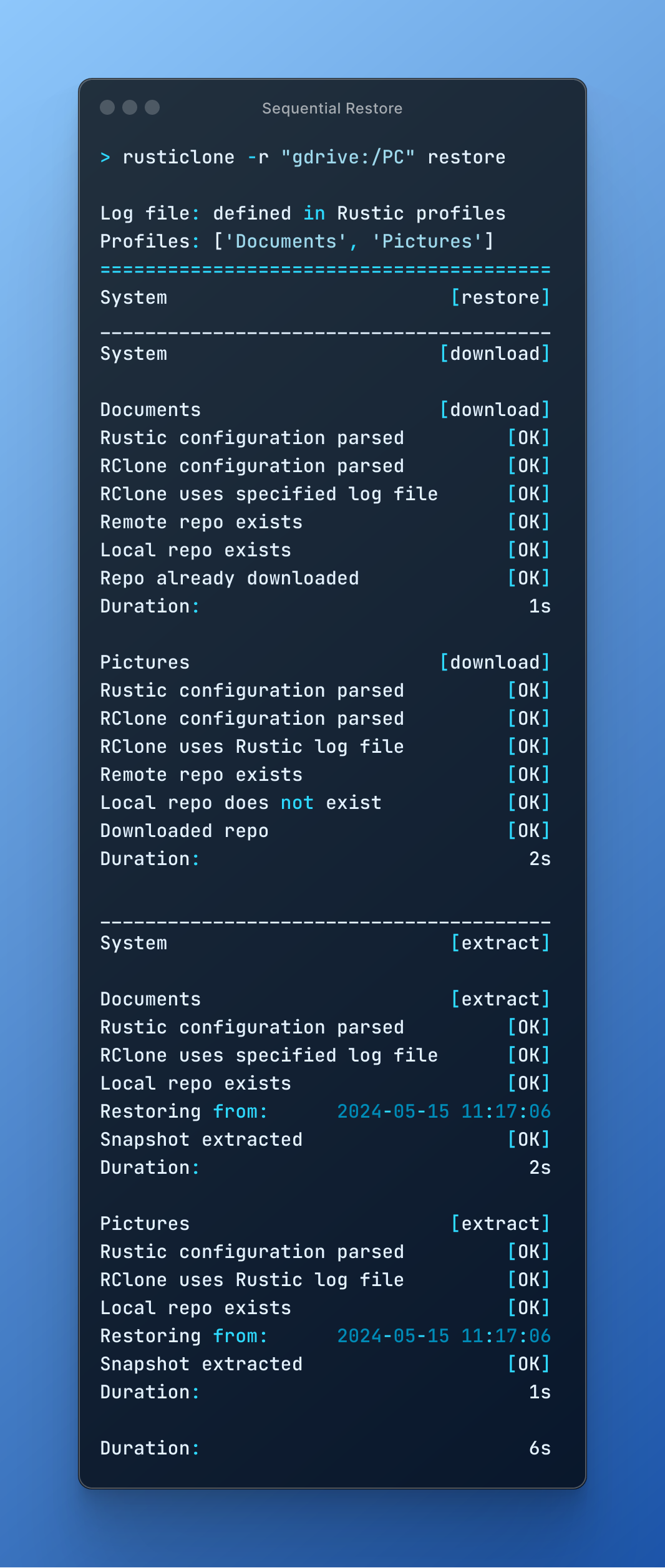 output of rusticlone restore sequential