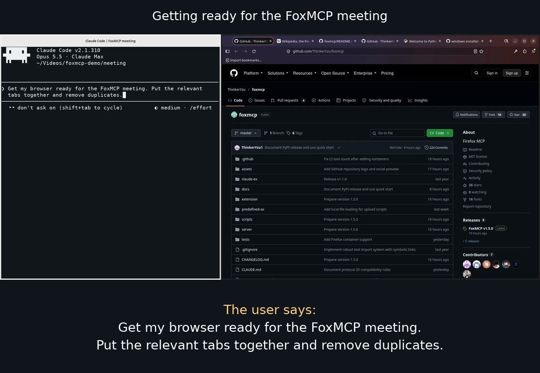 Claude Code prepares Firefox for a FoxMCP meeting by organizing tabs, saving bookmarks, and closing distractions.