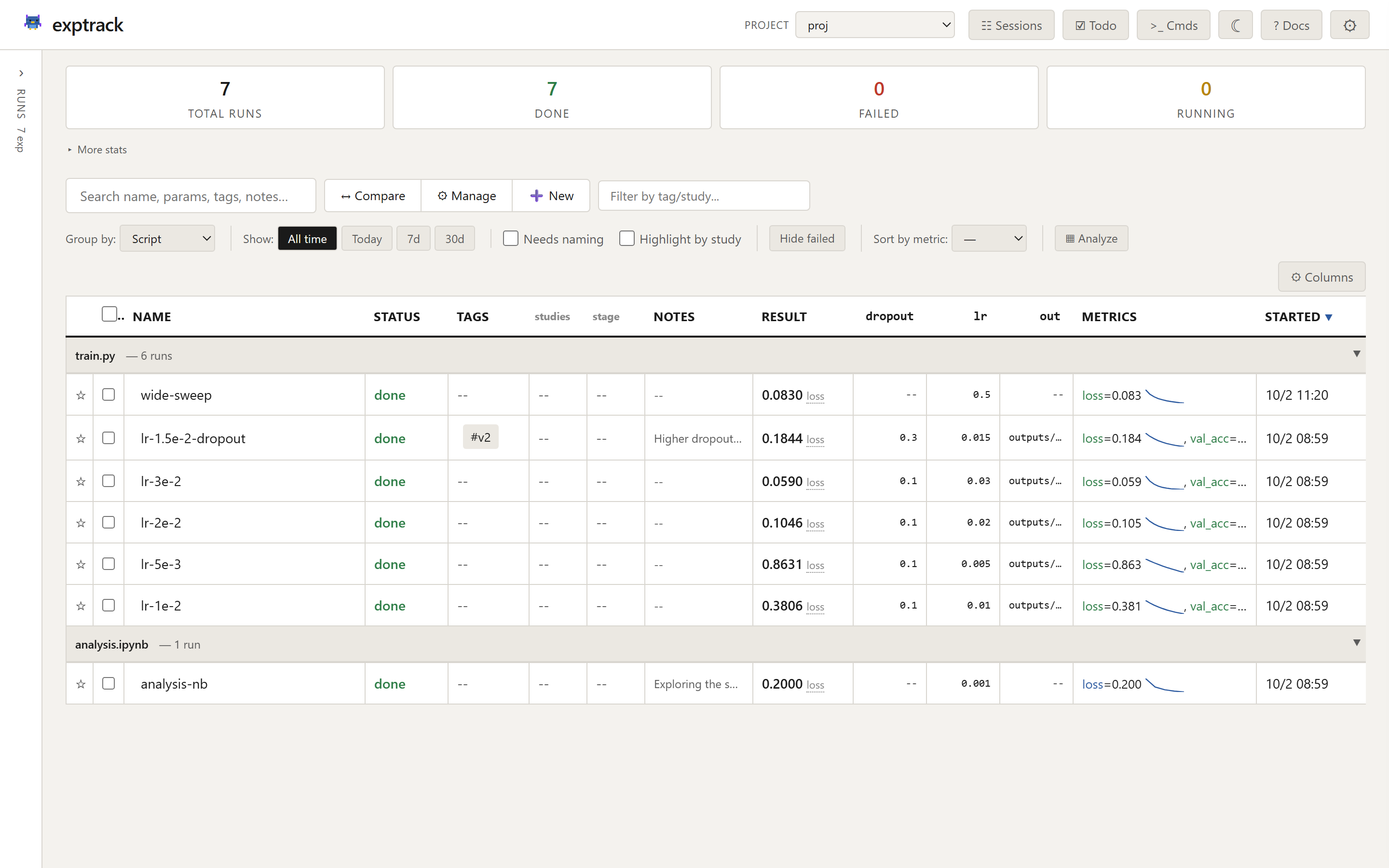 exptrack dashboard — experiment list grouped by script, with tags, studies, and metric sparklines