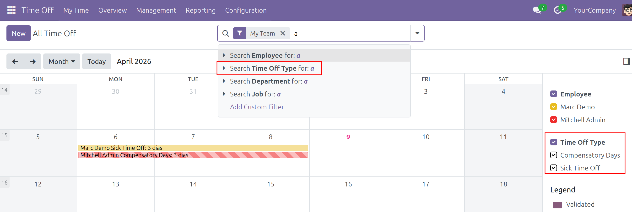 Leave Type filters at Overview