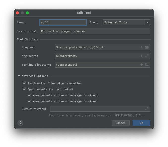 Install ruff as an External Tool