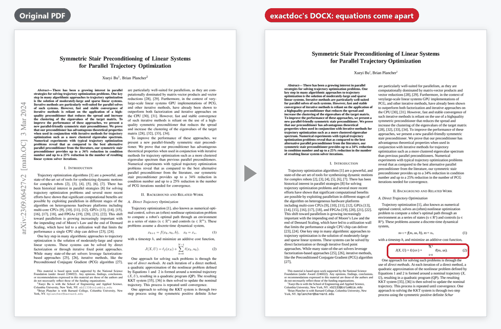 Page 1 of a two-column arXiv paper beside its DOCX. The text and columns match, but a summation equation is broken apart, outlined in red.