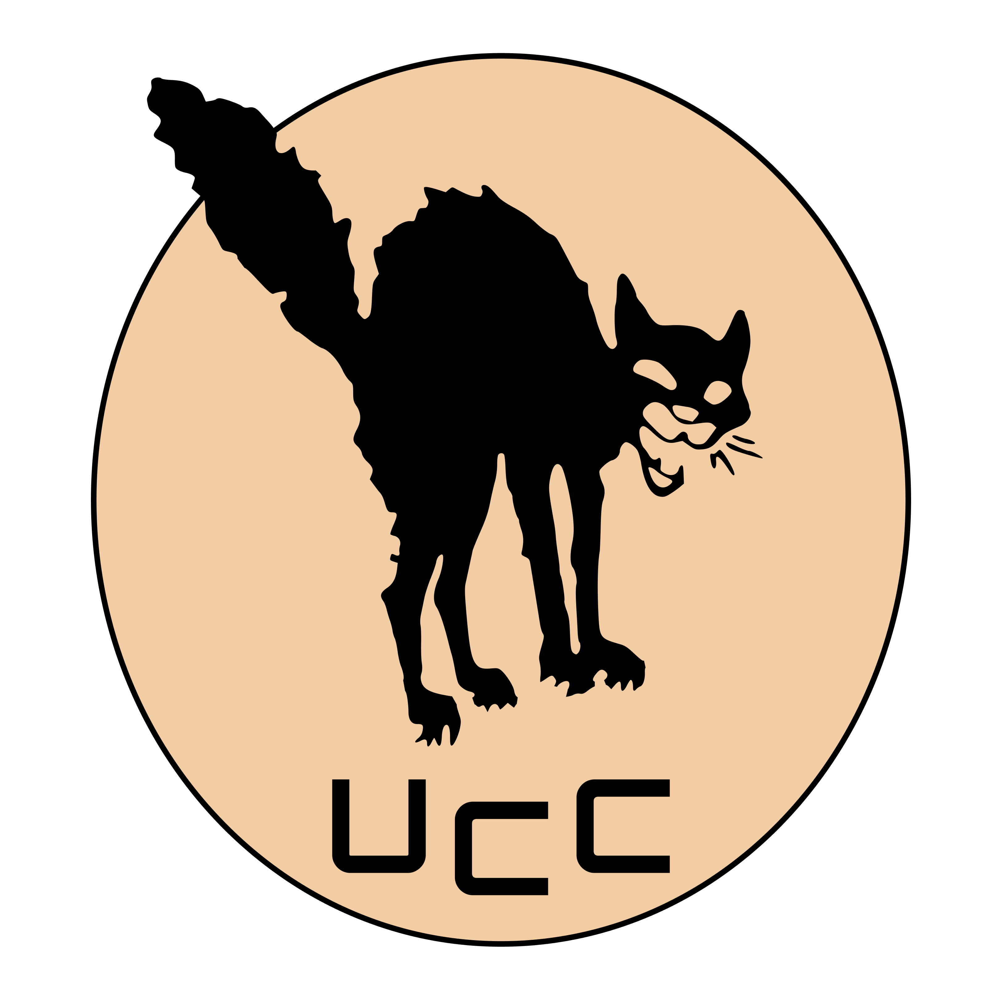 light orange oval with a hissing black cat in the center with UCC written across the bottom